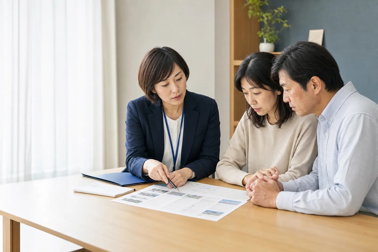 施設資料を見ながら入居について相談する家族と支援担当者