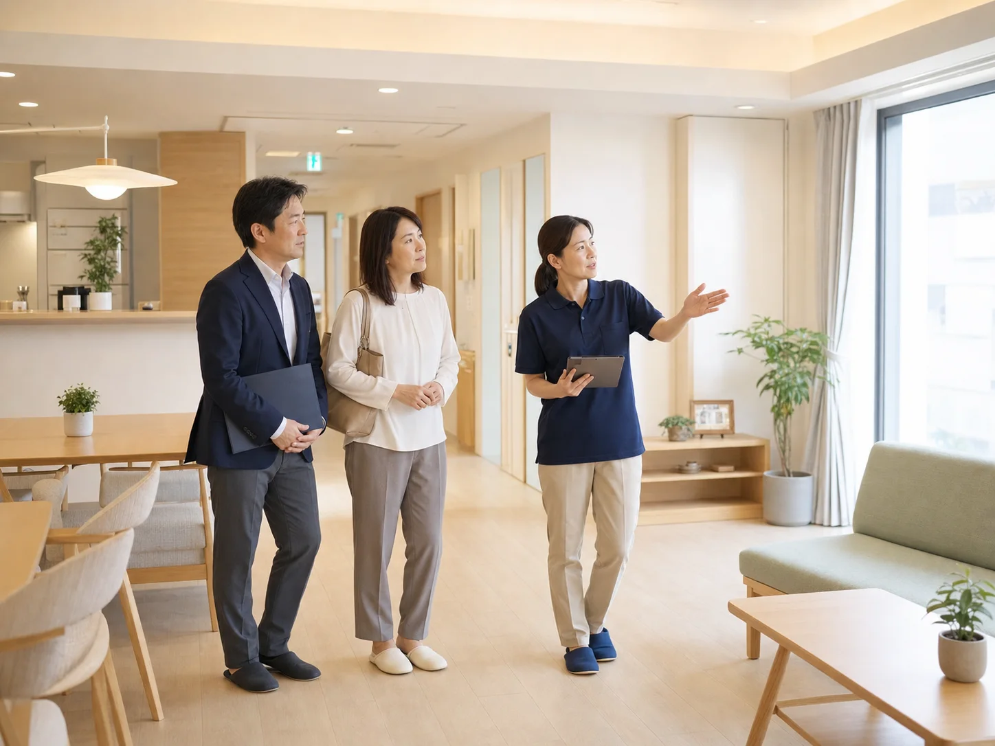 介護施設を見学しながら説明を受ける様子